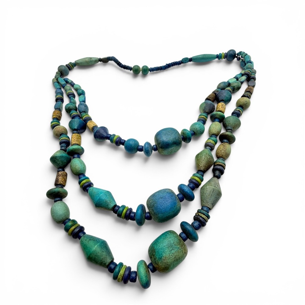Vintage Multi Strand Wood Bead Necklace Blue Green Teal Boho Geometric Statement - Picture 16 of 16